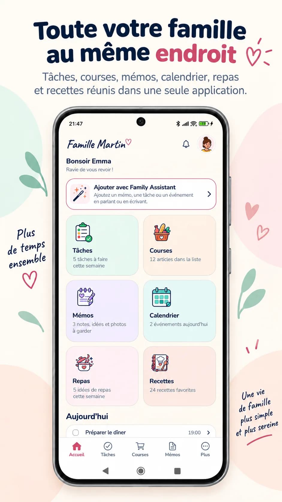 Écran d’accueil de l’application My Family Hub : accès aux tâches, courses, mémos, calendrier, repas et recettes de la famille