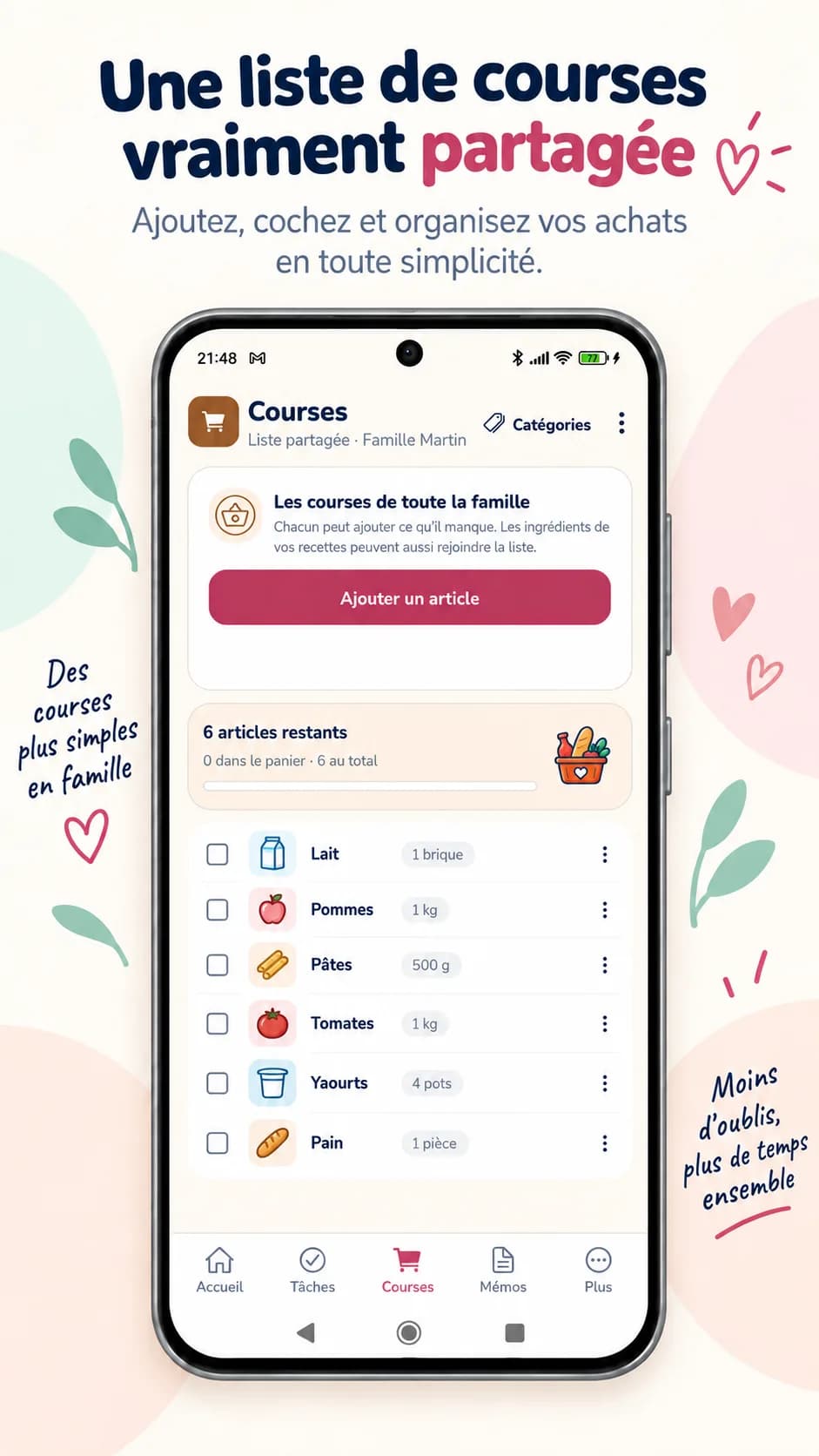 Liste de courses partagée de la famille, avec les articles à cocher et leurs quantités