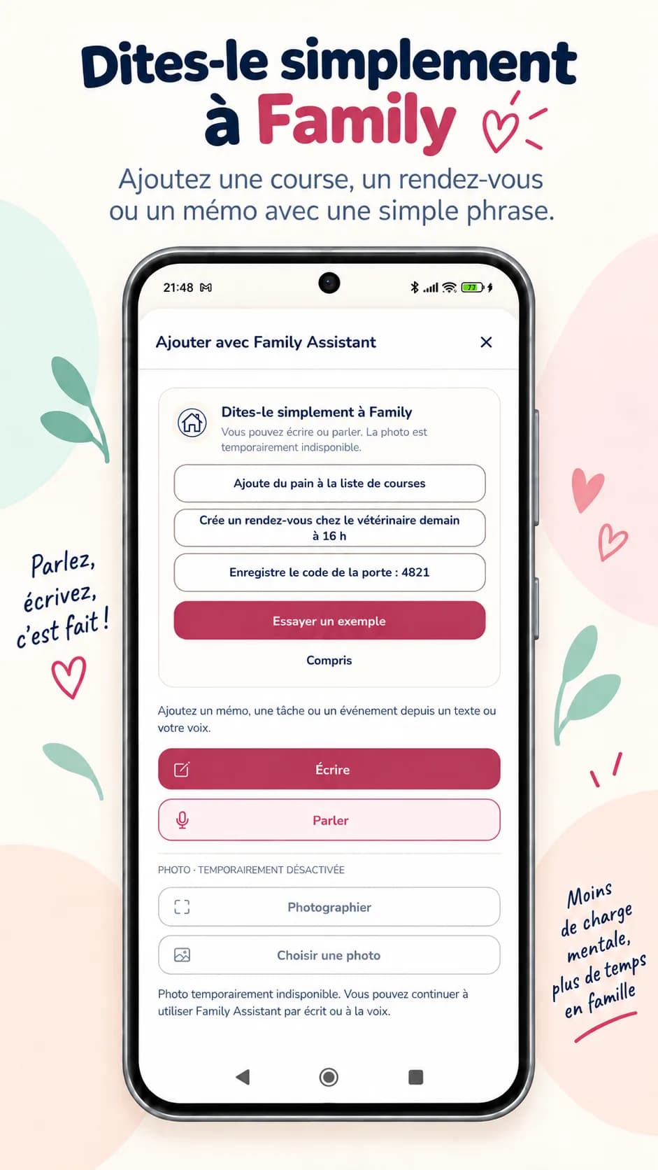 Écran Family Assistant : exemples de demandes et choix entre écrire ou parler
